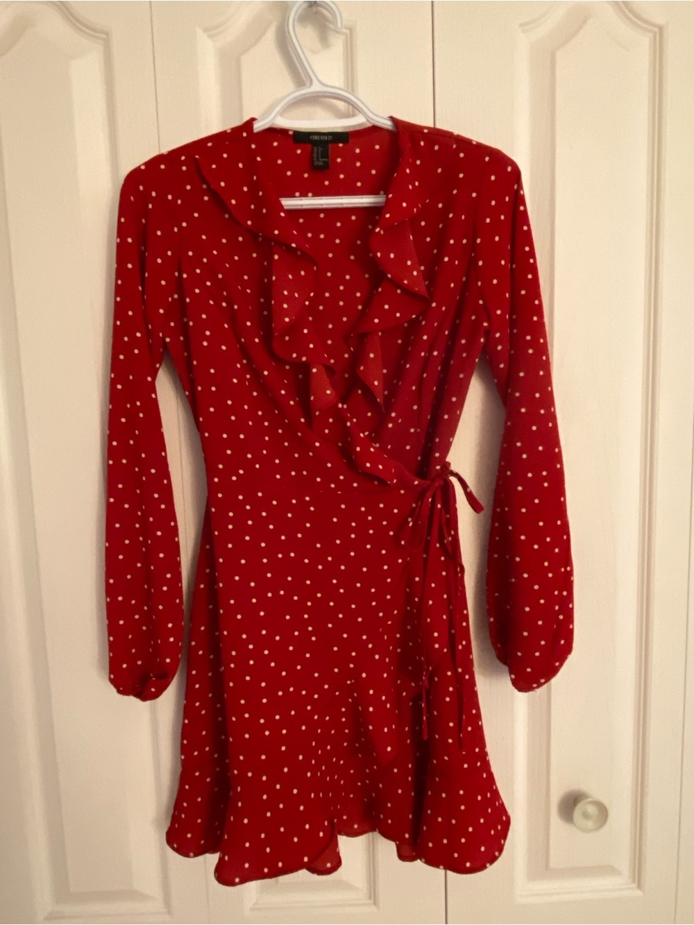 Forever 21 Red Polka Dot Ruffle Wrap Dress with Tie Waist
